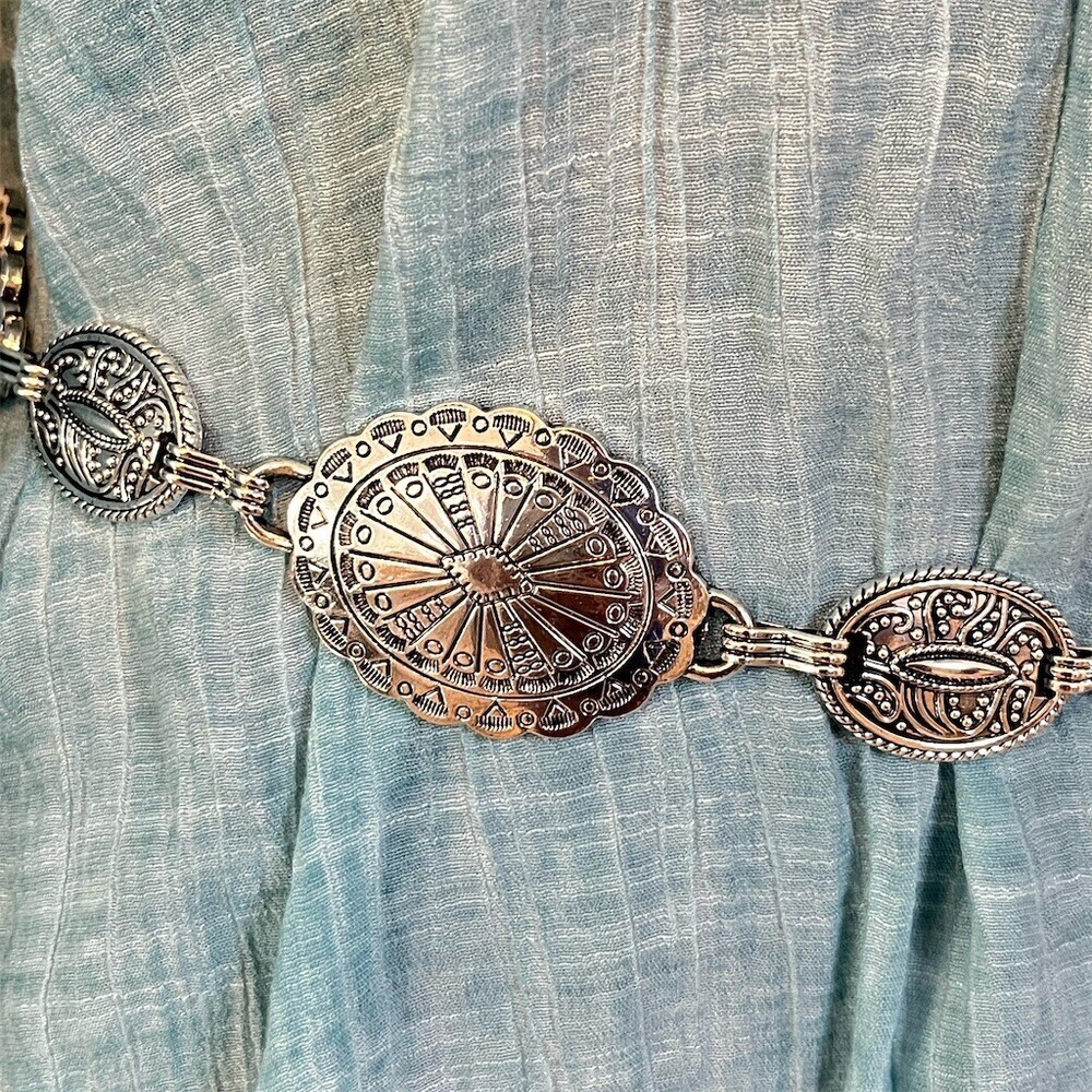 Cowgirl Western Concho Boho Chain Belt Silver Oval Disc Adjustable Hippie Gypsy - Picture 3 of 11
